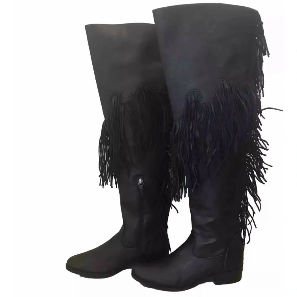 Schutz Kin Tall Fringe Black Leather Over The Knee Boots